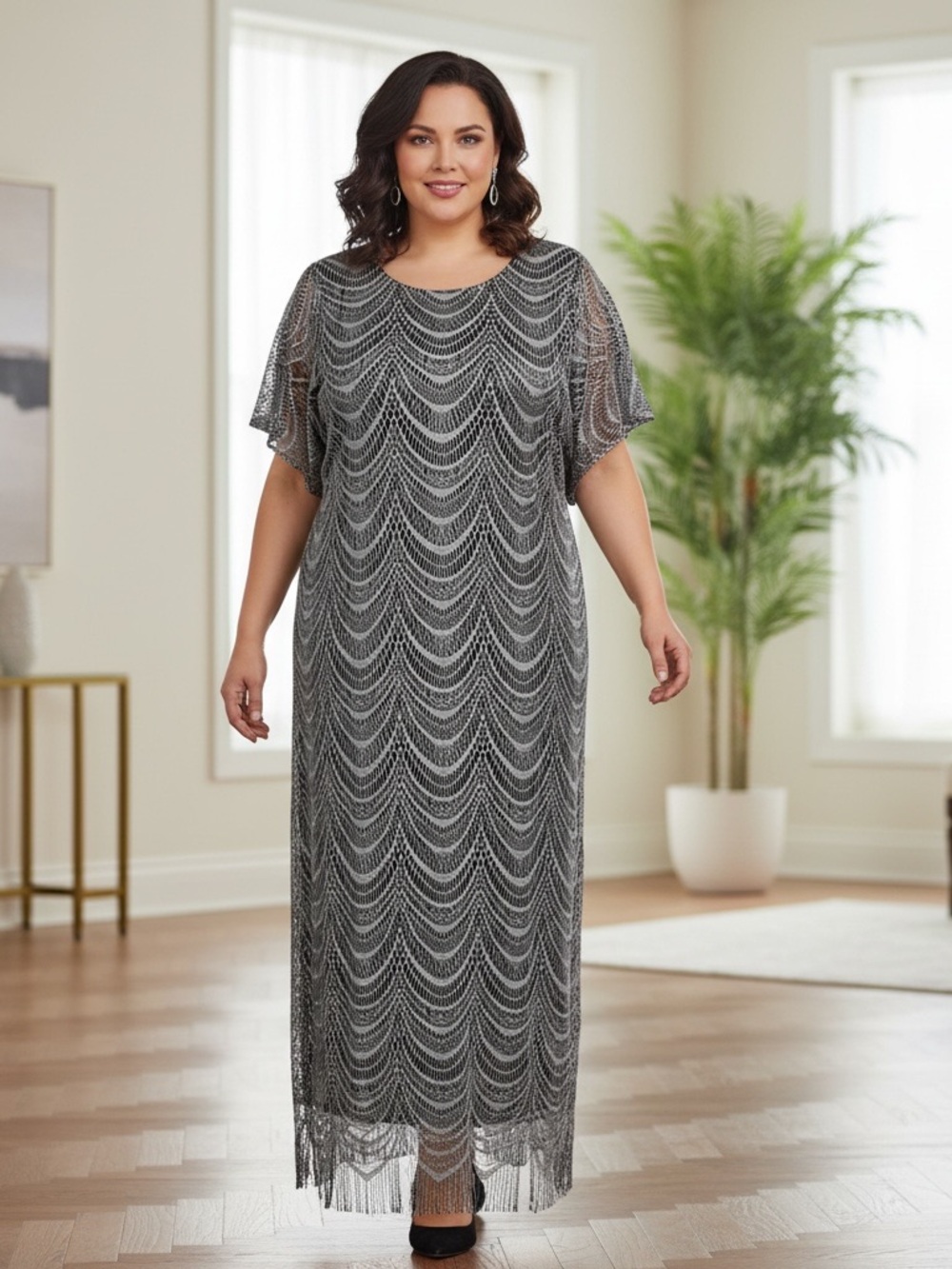 Ignite Plus Size Black & Silver Maxi Dress